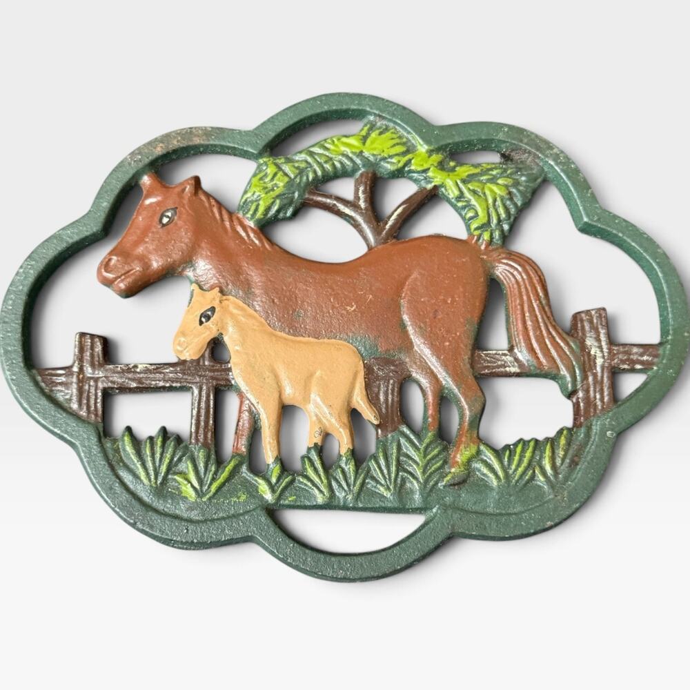 VTG Cast Iron Horse Trivet Mare Foal Farmhouse Western Decor HandPainted Prairie